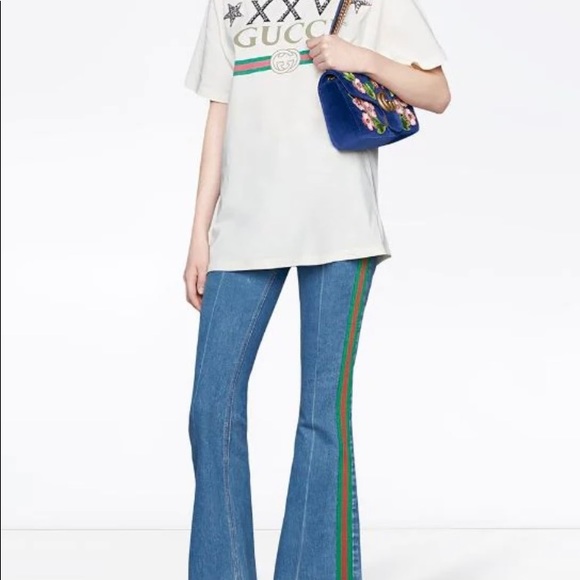 GUCCI blue denim red green web trim 90's flared - Picture 2 of 10